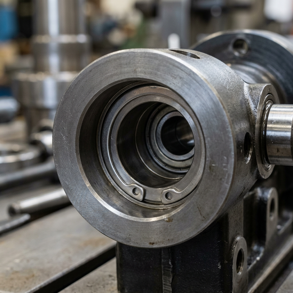 Close-up of a metal bearing housing with concentric inner rings