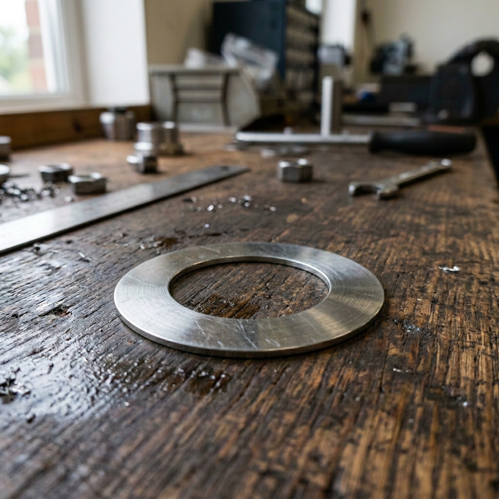 Polished metal disc surrounded by tools on a worn workshop bench
